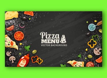 دانلود رایگان طرح لایه باز منوی پیتزا روی تخته سیاه با طرح سبزیجات