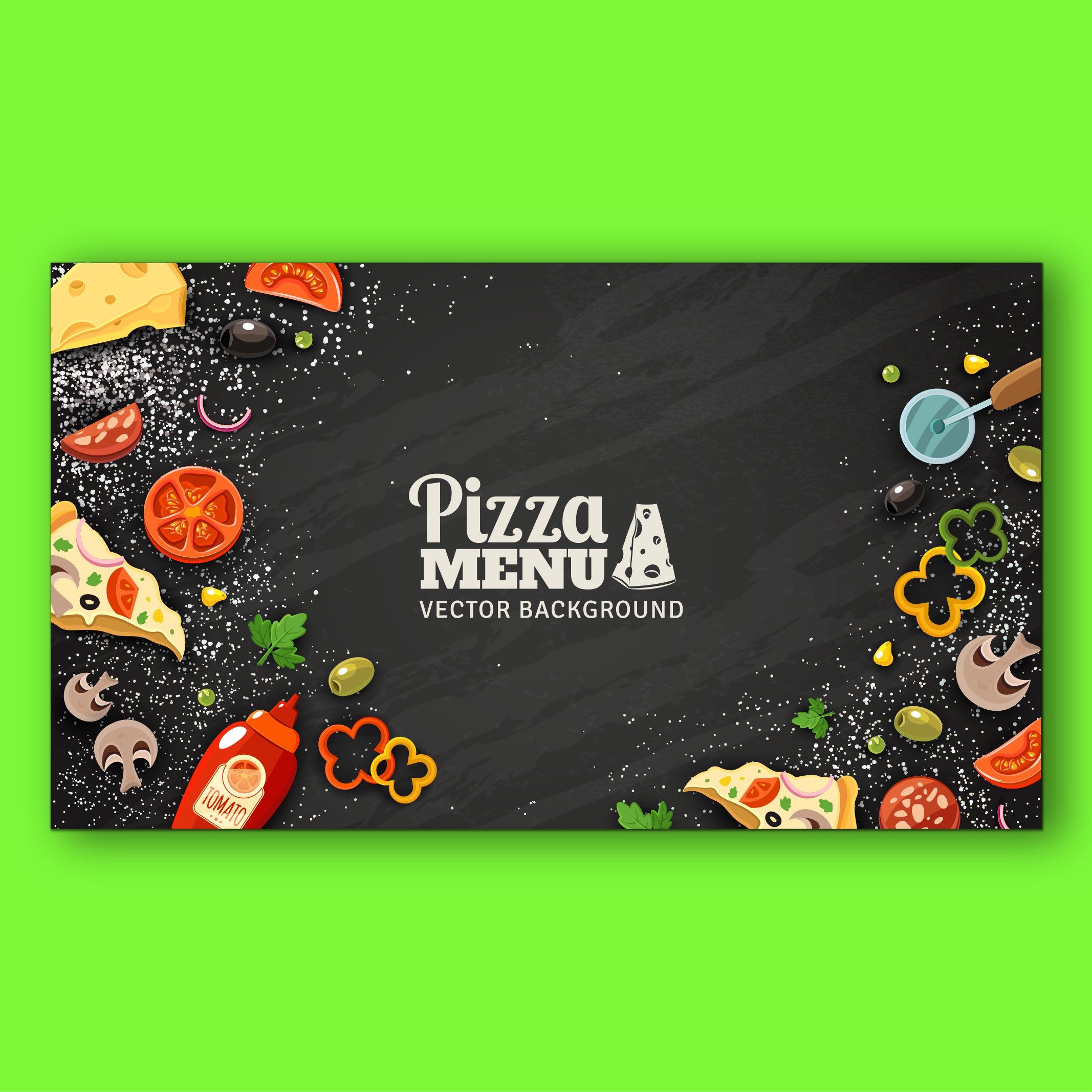 دانلود رایگان طرح لایه باز منوی پیتزا روی تخته سیاه با طرح سبزیجات